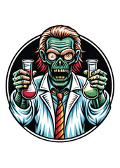A decaying scientist zombie, wearing a tattered lab coat, clutches two vials in its clawed hands, amidst a chaotic, abandoned laboratory.