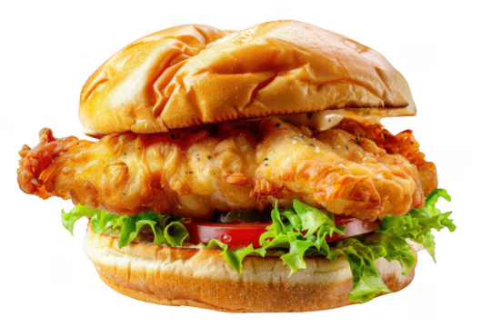 Crispy chicken sandwich isolated on transparent background - Powered by Adobe