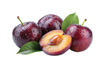 Three Juicy Plums with Water Droplets and Fresh Green Leaves Isolated on White Background