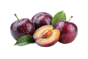 Three Juicy Plums with Water Droplets and Fresh Green Leaves Isolated on White Background