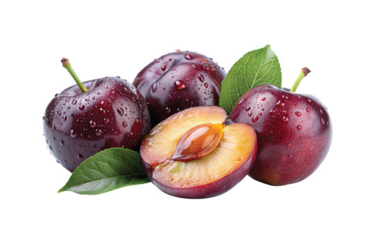 Three Juicy Plums with Water Droplets and Fresh Green Leaves Isolated on White Background