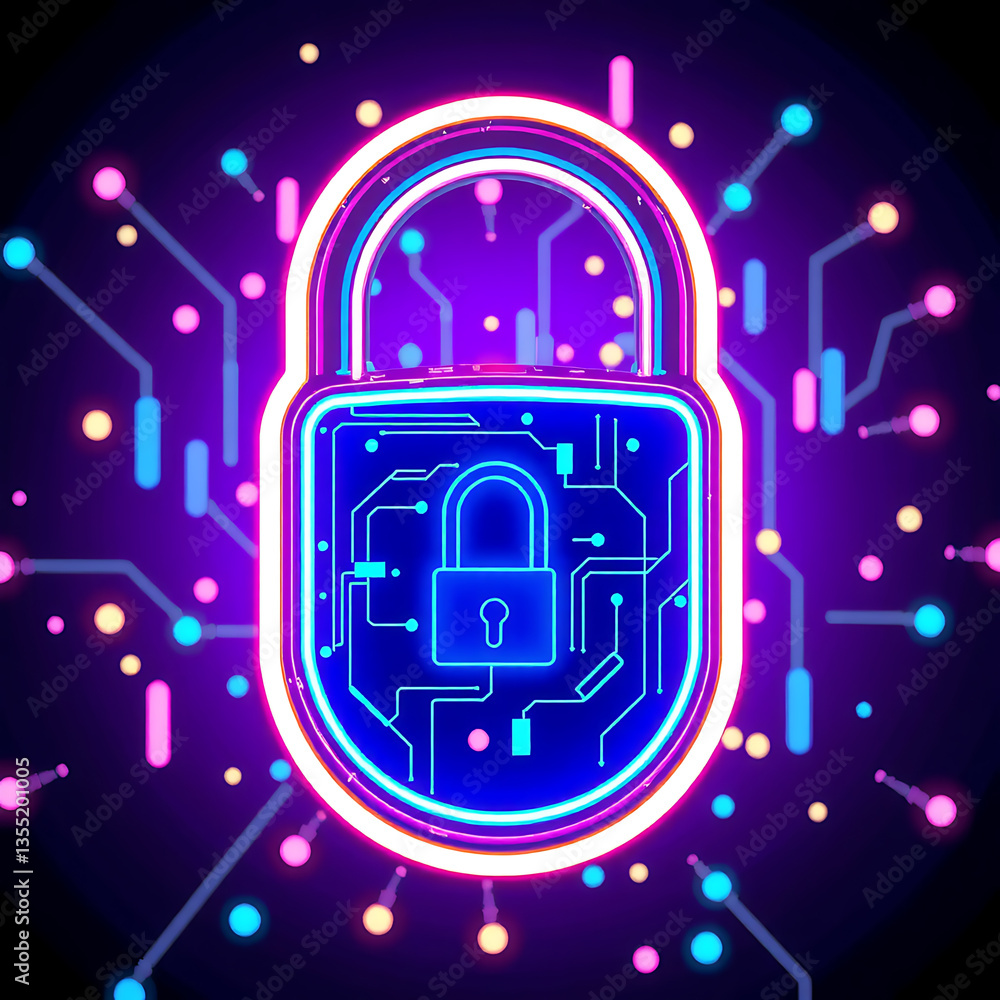 Poster neon lock design with circuit patterns in vibrant colors