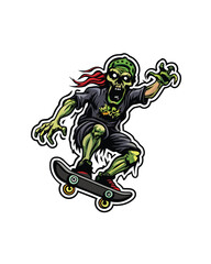 A decayed zombie, tattered clothes, rides a skateboard down a cracked street,  a grim expression on its decomposing face.