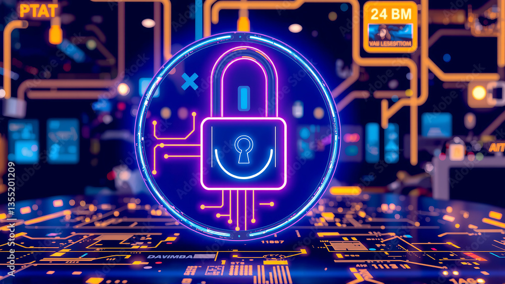 Poster digital security lock symbolizing data protection in neon style