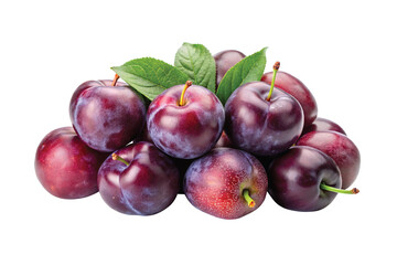 A Pile of Fresh Ripe Plums with Green Leaves Isolated on White Background Juicy Sweet Fruit