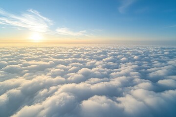 Beautiful fluffy clouds under a bright blue sky at sunset near the horizon