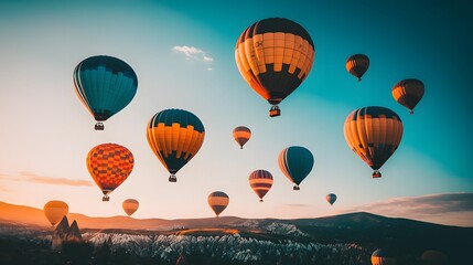 Obraz premium Colorful Hot Air Balloons Soaring into the Sunset Sky Over a Scenic Landscape