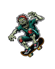A decaying zombie, tattered clothes, rides a skateboard,  skillfully navigating a cracked urban street.  Detailed, realistic rendering.