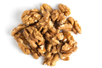 Walnuts isolated on white background. Top view. Flat lay.