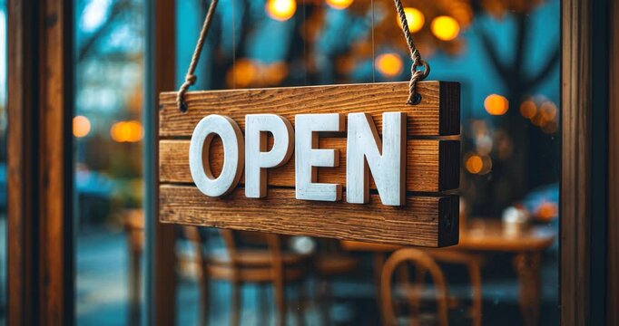 A caf&eacute; or restaurant door displays a business sign indicating 'Open' at the entrance. Retro color tone style.