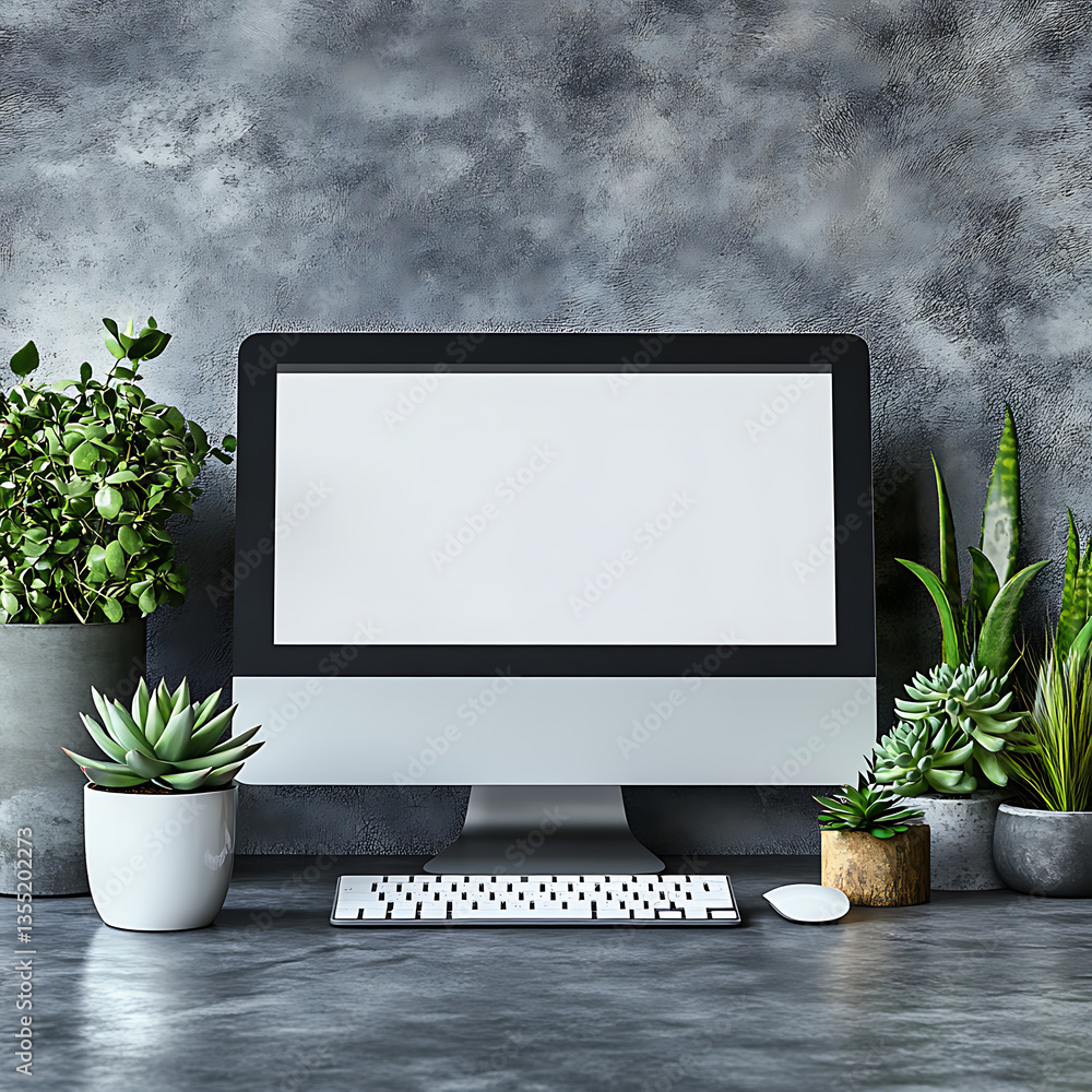 Poster modern computer setup featuring blank screen surrounded by various indoor plants, creating serene an