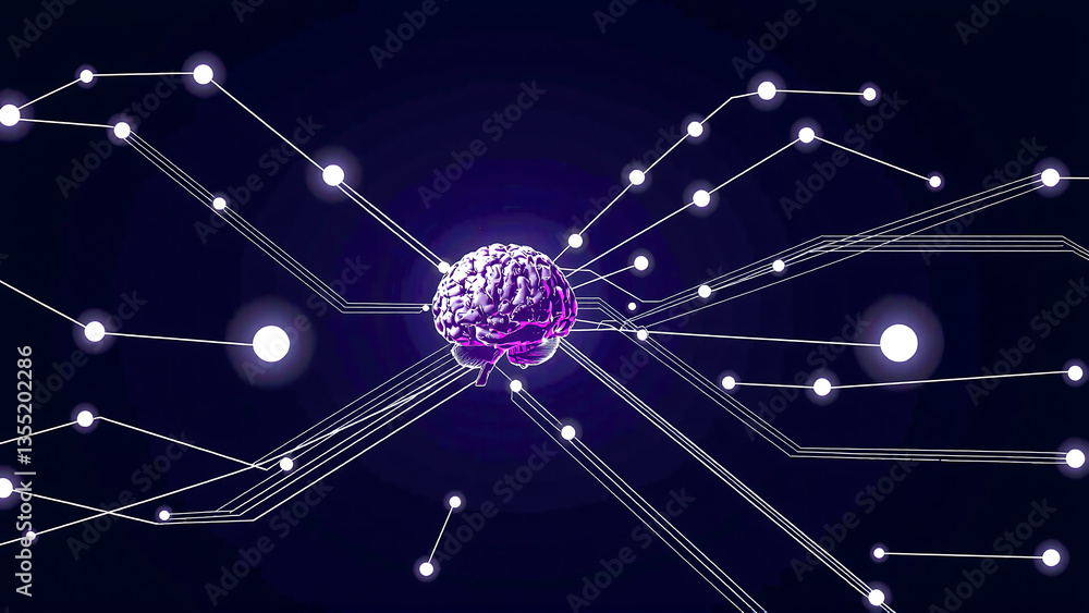 Poster digital brain concept connected by lines in a dark background