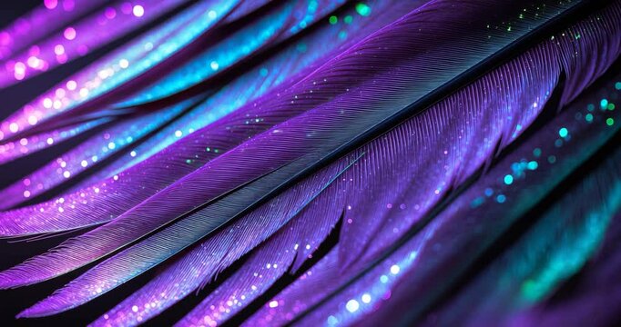 Purple colored light on bird feather. Stunning background pattern texture for design. Macro photography perspective.