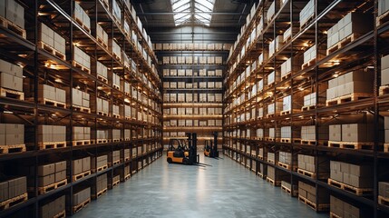 Warehouse interior with organized pallet racks and forklifts during daytime operations