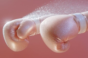 Pair of 70-ies boxing gloves in pink hanging from a pink wall, vintage 70ies editorial vibe meets modern fashion editorial, motion blur and glittery sweat