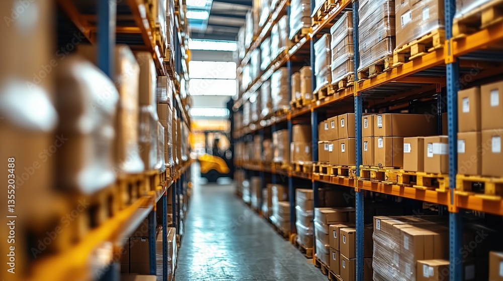 Poster warehouse filled with stacked boxes and pallets during daytime operations at a distribution center