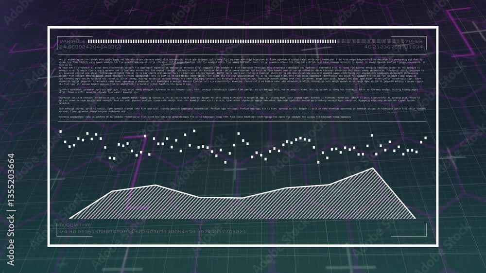 Poster animation of digital data visualization with graphs and text on grid background