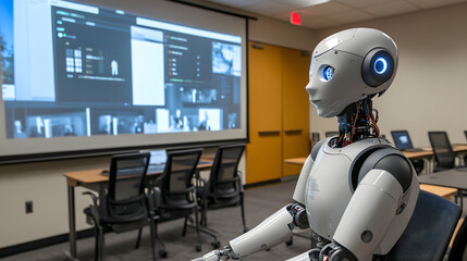 A humanoid robot integrated with AI teaching advanced computer programming in a virtual classroom.