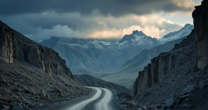 A twisting dirt path traverses the rough landscape, bordered dangerously by a steep precipice. The snowy peaks far away sharply contrast with the rocky foreground.