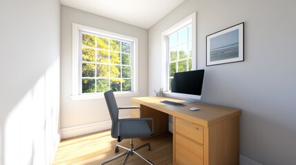 Fototapeta premium Modern home office setup with a desk, chair, and computer, featuring sunlight and greenery outside