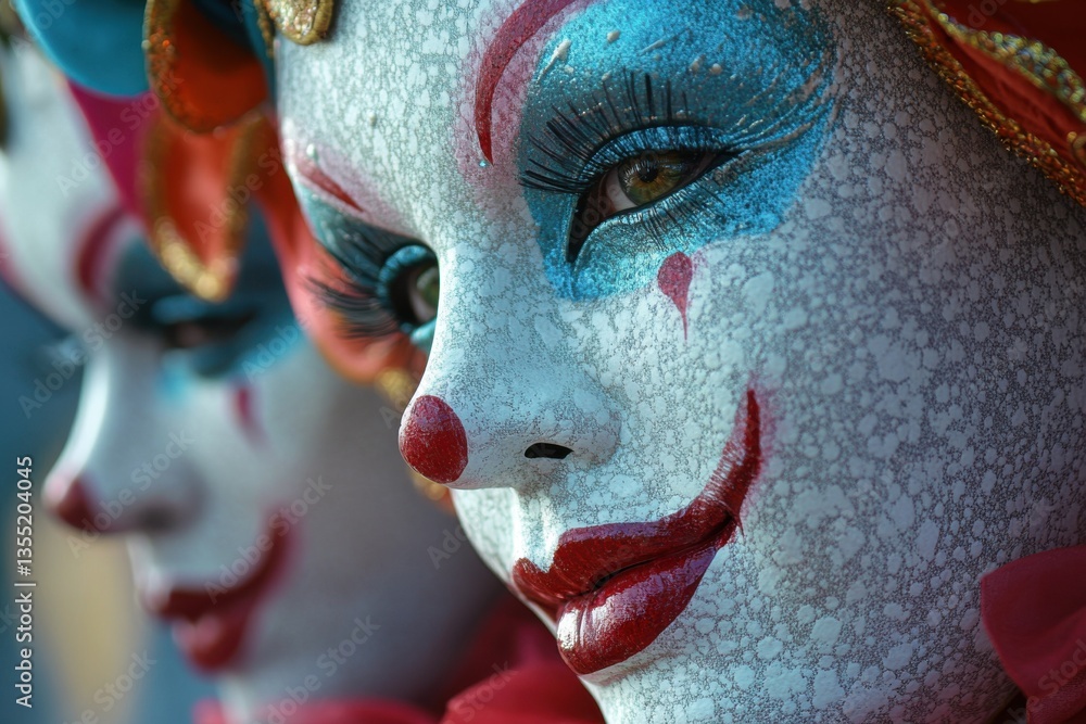 Poster close-up of clown faces. the face is painted in blue and red with white cracks filled with black pai