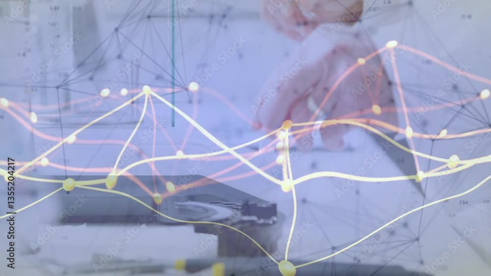 Poster interacting with technology, hands exploring data visualization and network connections