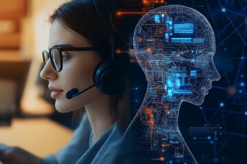 A split-screen image showing a customer support agent typing on one side and an AI interface on the other