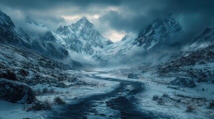 Fototapeta premium Snowcapped peak wilderness glacier concept. A serene winter landscape featuring majestic mountains, a winding river, and a dramatic sky filled with clouds.