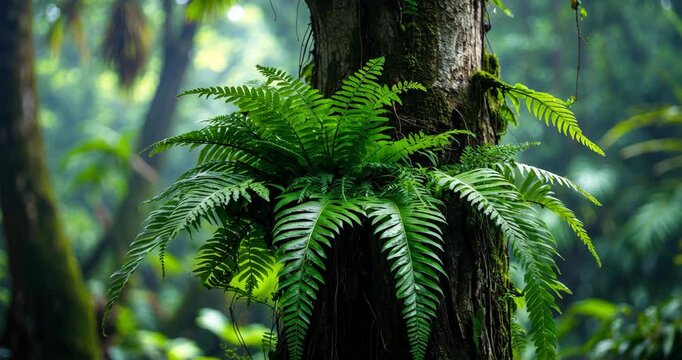 Asplenium nidus tropical fern epiphyte on tree trunk
