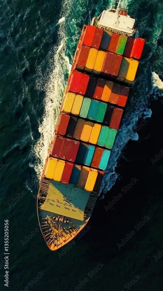 Poster aerial view of a colorful cargo ship navigating through deep blue waters, capturing a dynamic and vi