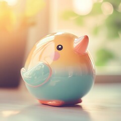 a piggy bank shaped like a bird, soft pastel colors, glowing under warm natural light, whimsical and calming composition