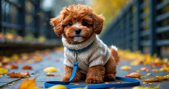 A fluffy red plush puppy dressed in a warm knitted sweater, positioned on a sidewalk adorned with vibrant autumn leaves, holding a blue leash. The ideal combination of seasonal appeal and urban pet