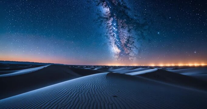 Astrophotography capturing a wide desert beneath a star-filled night sky, with the Milky Way prominently displayed over untouched sand dunes, highlighting the vastness and solitude of the desert.