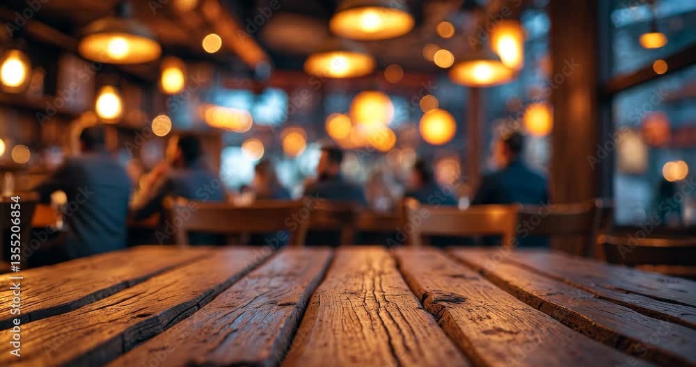 Poster a close-up image of a wooden table surface in sharp focus with a blurred backdrop of warm lights in 
