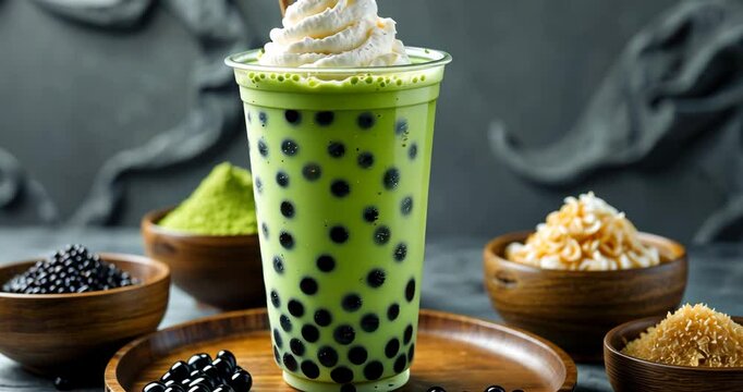 Boba or tapioca pearls is bubble milk tea served in a plastic cup featuring matcha flavor on a textured background, a summer refreshment.