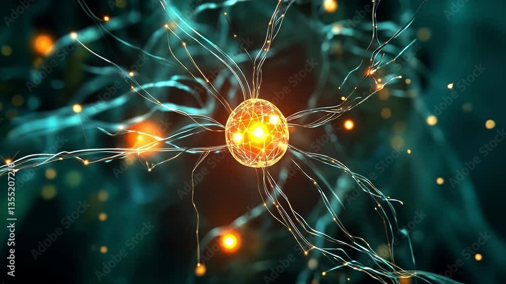 Poster neuron spark: an artistic depiction of a neuron, its intricate structure highlighted with vibrant gl