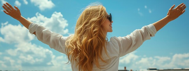 Confident successful woman celebrating achievement with arms raised in a motivational and inspirational setting, symbolizing empowerment and personal growth