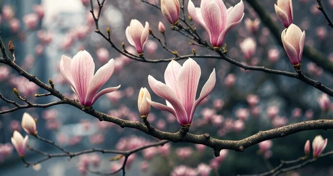 Branch of Magnolia tree with blossoms that emit their sweet floral lemony fragrance. The rich scent wafts through the warmth, captivating towns.