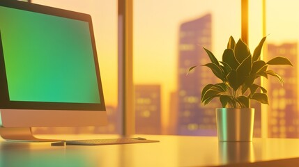 Modern workspace with computer and plant at sunset, showcasing city skyline in background