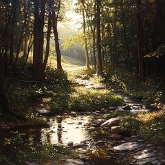 Obraz premium A quiet moment in a Ukrainian forest, the sunlight filtering through the trees, a small stream trickling by, nature calm and undisturbed.