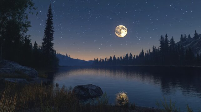Serene lake landscape at night under a full moon. Lush forest surrounds the tranquil water, reflected in the still surface. Rocky shoreline