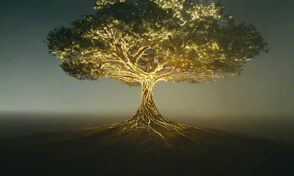A massive glowing tree with roots extending into infinity floats over an endless abyss. Its branches emit soft golden light, illuminating the surrounding void. Ethereal fantasy aesthetic