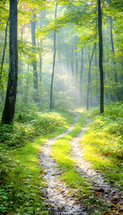 Obraz premium Sunlit Forest Path in Misty Woods