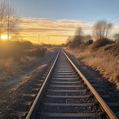 Fototapeta premium A railway track at sunset, the empty rails gleaming in the golden light, the surrounding landscape bathed in warm hues, calm and reflective.