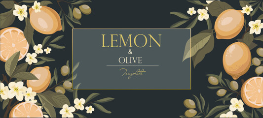 vector banner, template for text lemons and olives on dark background