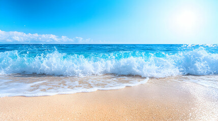 Sunny beach waves crashing on shore