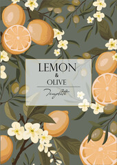 vector floral template with lemons and olives