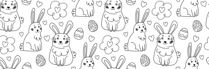 Easter pattern with doodle funny rabbit. Hand drawn trendy linear eggs and cute character. Spring baby background. For wrapping paper, textiles, children room decor. Vector outline illustration.
