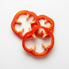 Three slices of bright red bell peppers are depicted on a solid white background
