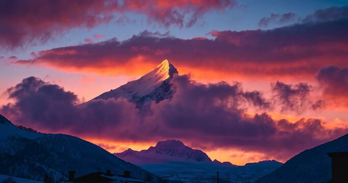 Beautiful winter evening scene of the mountain, highlighting the peaks lit up by a vibrant sunset. The sky is adorned with warm hues against the snowy terrain.